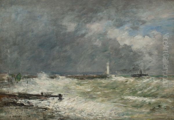 Entree des jetees du Havre par gros temps Oil Painting by Eugene Louis Boudin