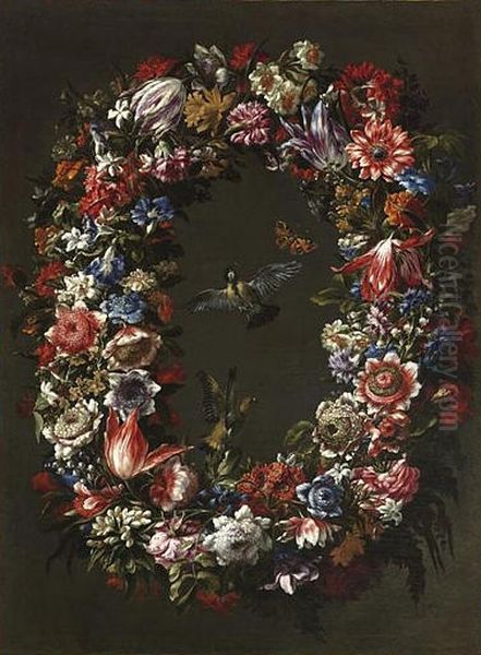 Festoon with flowers, birds and a butterfly.[1] Oil Painting by Juan De Arellano