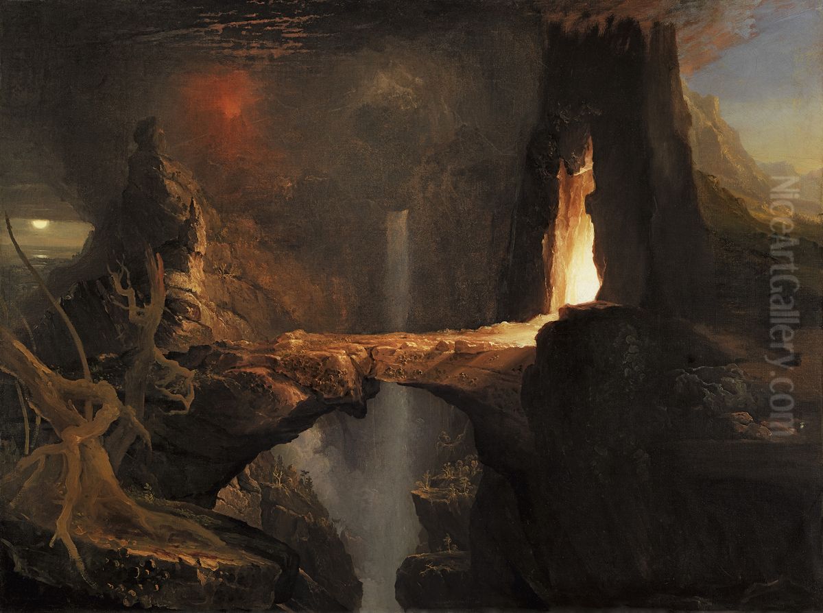 Expulsion. Moon and Firelight Oil Painting by Thomas Cole