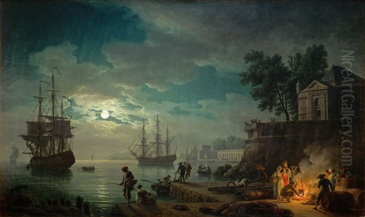 Seaport by Moonlight Oil Painting by Joseph Vernet