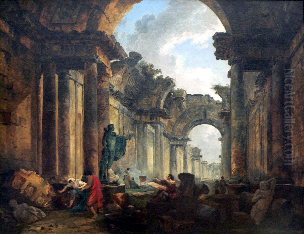 Vue imaginaire de la Grande Galerie du Louvre en ruines Oil Painting by Hubert Robert