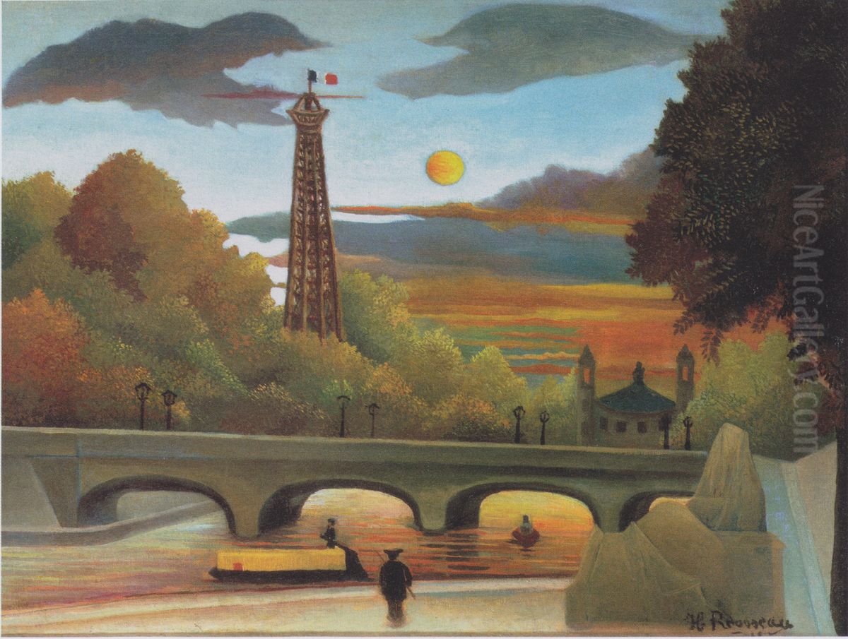 Seine und Eiffelturm in der Abendsonne Oil Painting by Henri Julien Rousseau
