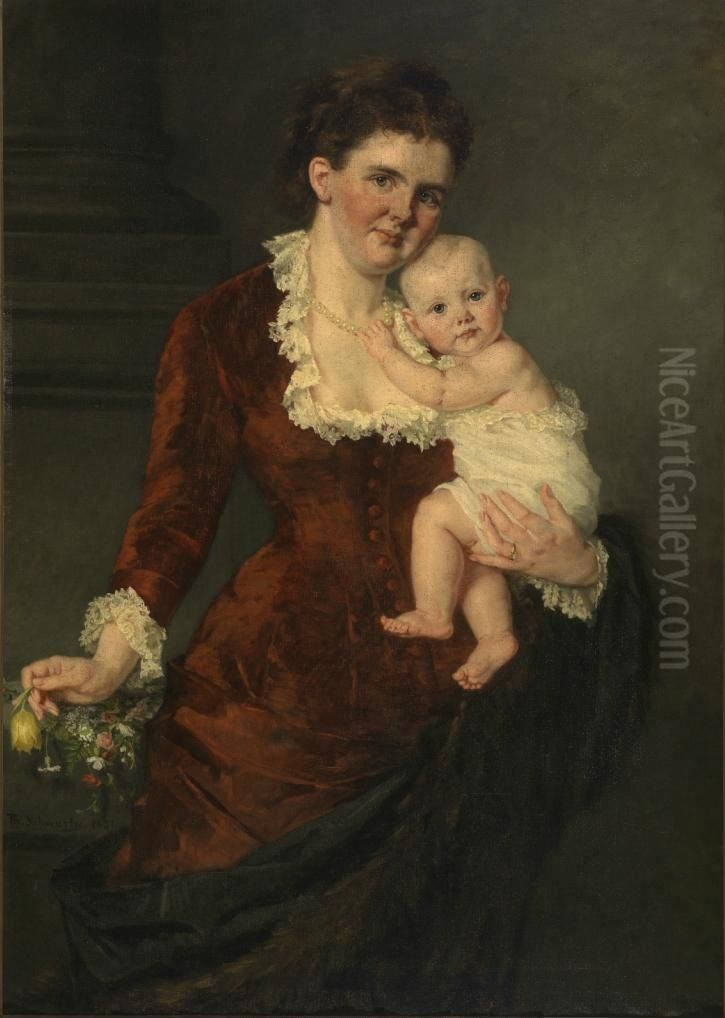 Queen Emma with Princess Wilhelmina on her arm Oil Painting by Therese Schwartze