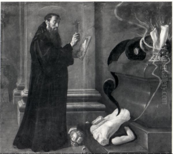 Saint Benedict destroying idols Oil Painting by Juan Rizi