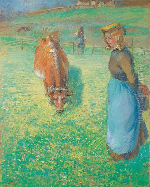 Peasant woman looking after a cow, Osny Oil Painting by Camille Pissarro