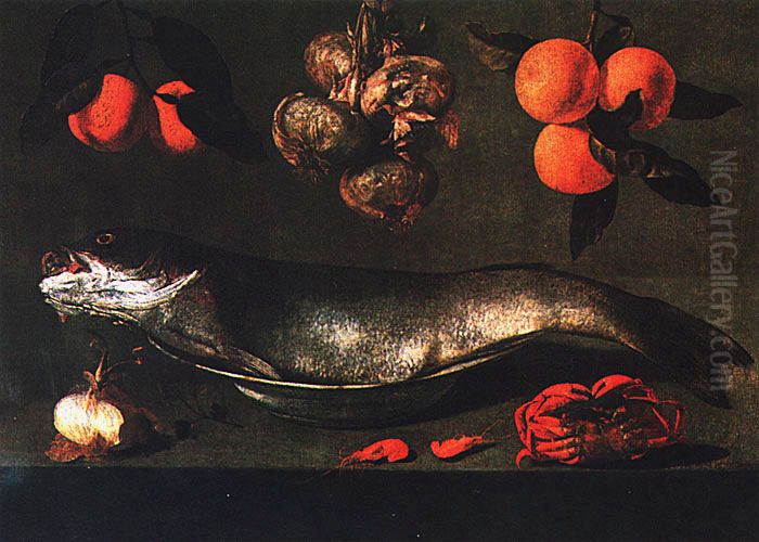 Nature morte au poisson avec crabe, crevettes, oignons et oranges Oil Painting by Baltazar Gomes Figueira