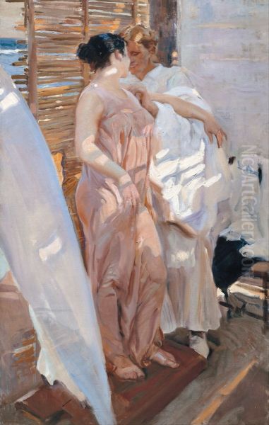The Pink Robe. After the Bath Oil Painting by Joaquin Sorolla