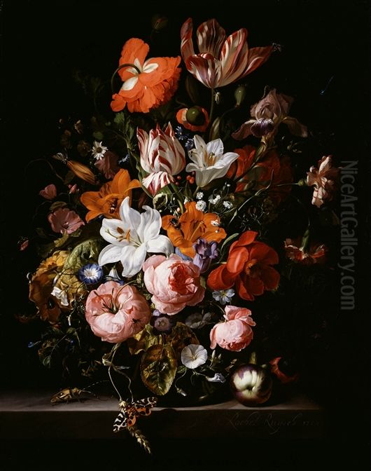 Flowers in a glass vase on a marble ledge Oil Painting by Rachel Ruysch