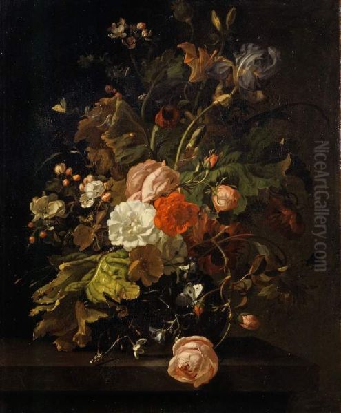 Flowers in a glass vase, on a stone table Oil Painting by Rachel Ruysch