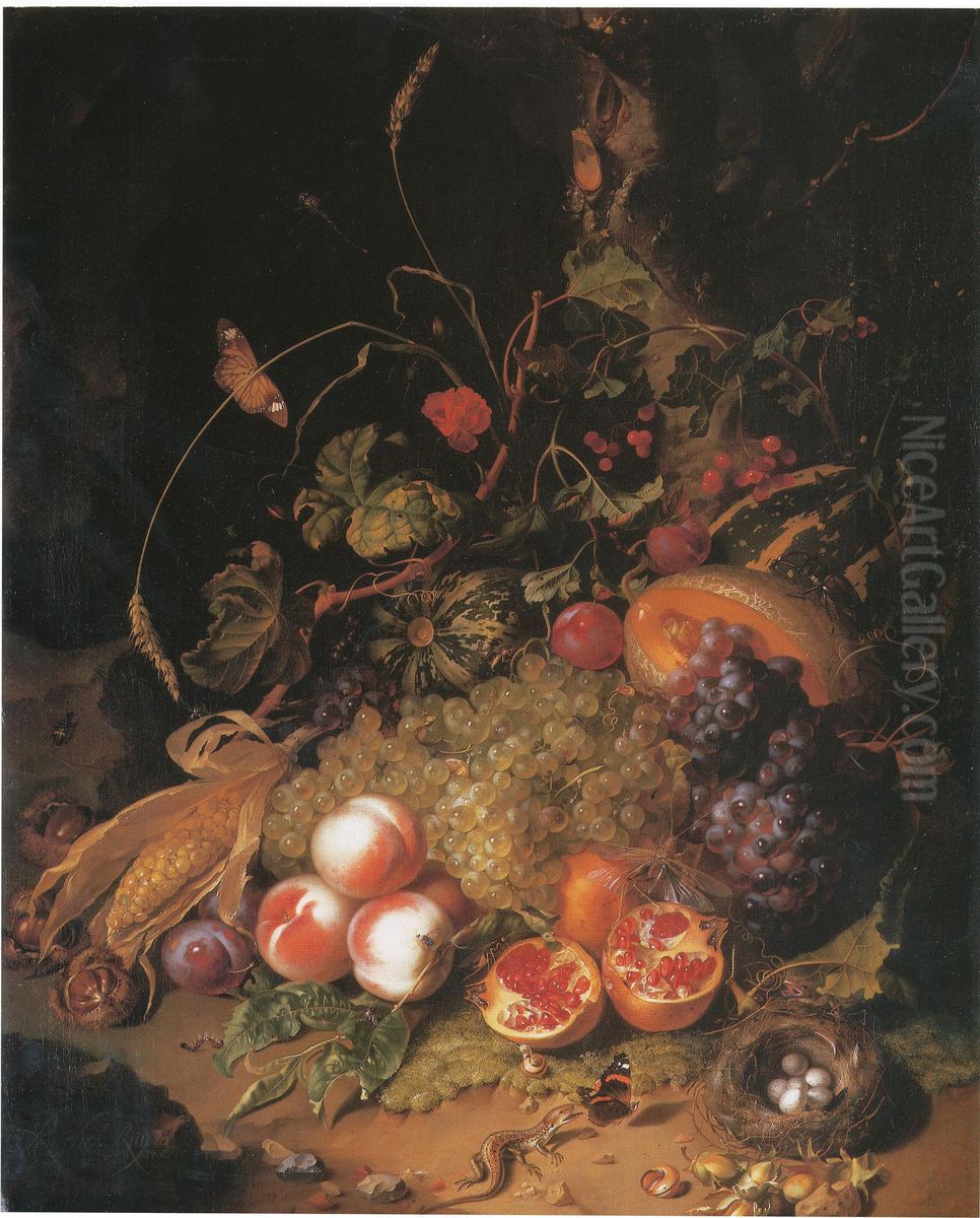 Stilleven van vruchten, met insecten en een vogelnest op een ondergrond van mos met kiezelstenen, 1710 gedateerd Oil Painting by Rachel Ruysch