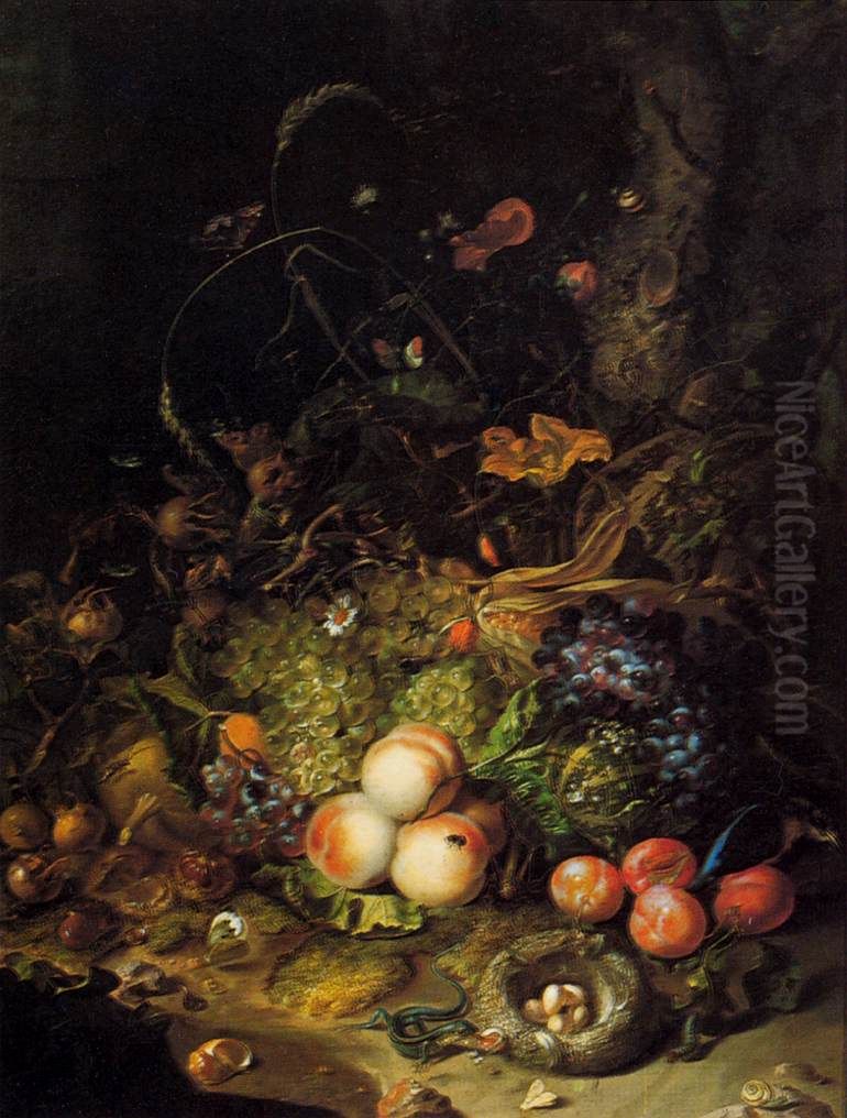 Flowers, fruit,  reptiles, and insects on the edge of a wood Oil Painting by Rachel Ruysch