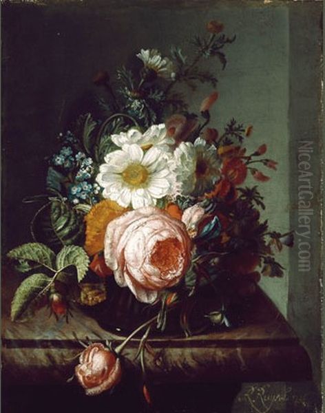 Flower bouquet on a marble table Oil Painting by Rachel Ruysch