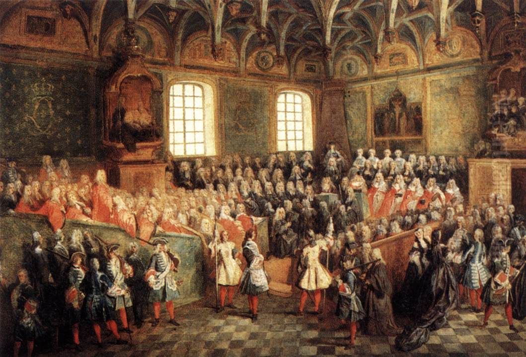 Le lit de justice tenu au parlement a la majorite de Louis XV (22 fevrier 1723) Oil Painting by Nicolas Lancret