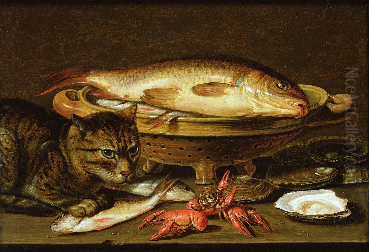 Still life of fish, oysters and crayfish with a cat Oil Painting by Clara Peeters