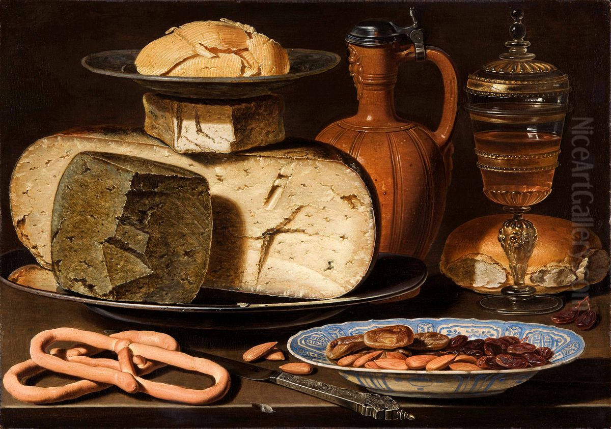 Still Life with Cheeses, Almonds and Pretzels Oil Painting by Clara Peeters