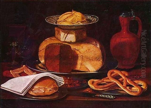 Still life with cheesestack, a bun and pretzels Oil Painting by Clara Peeters