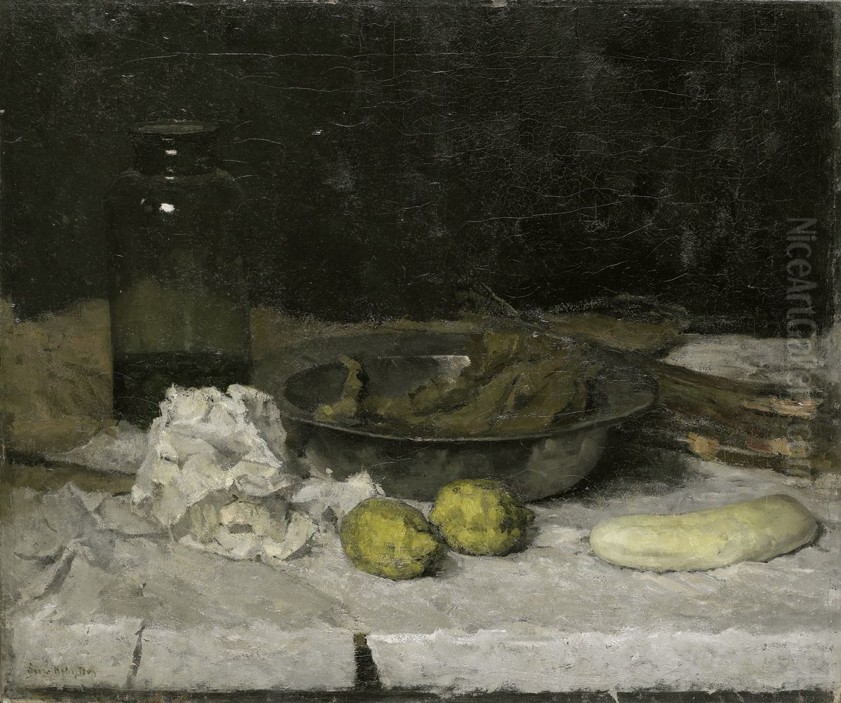 Still life with a a bottle and tin plate Oil Painting by Suze Robertson