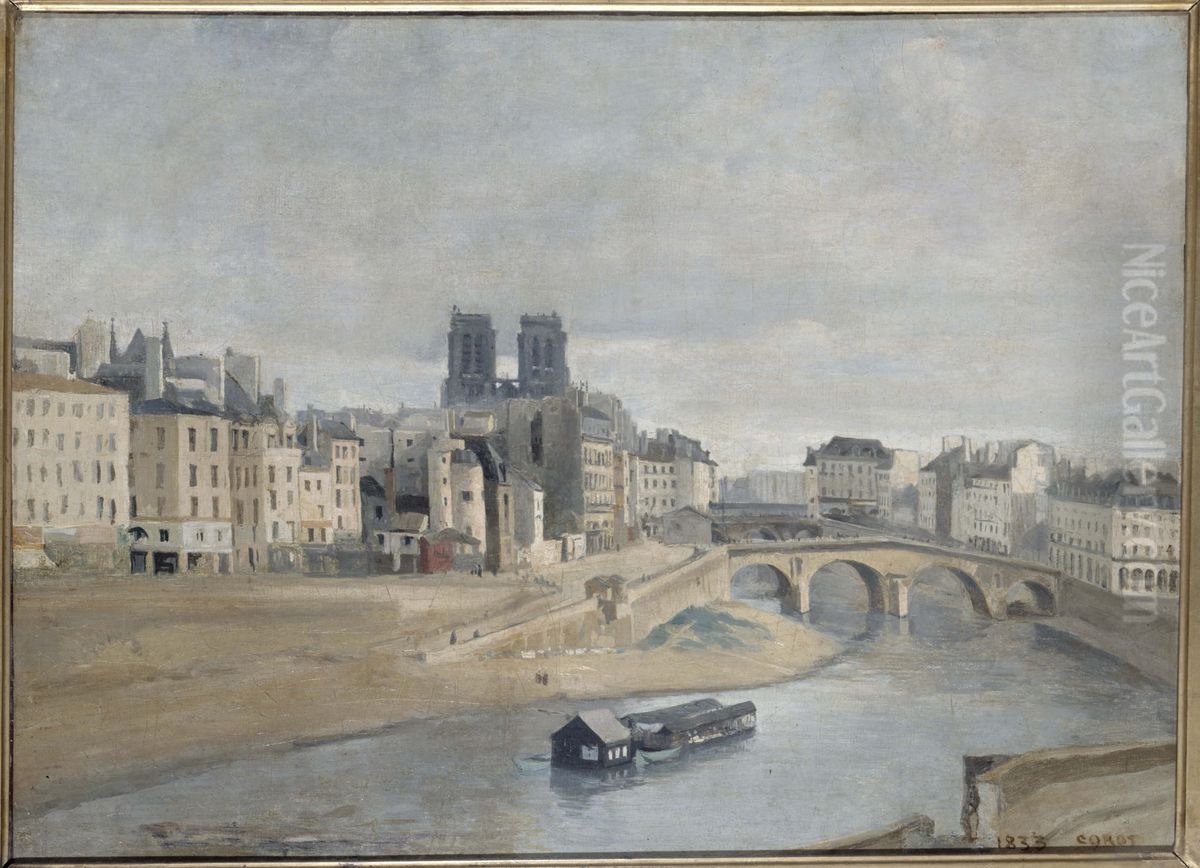 Le Quai des Orfevres et le Pont Saint Michel Oil Painting by Jean-Baptiste Camille Corot