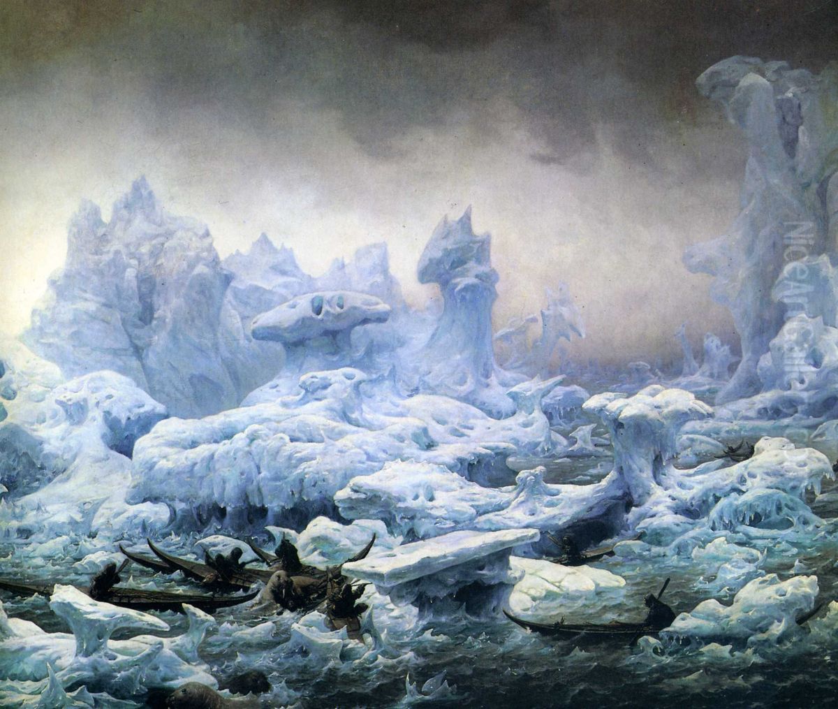 Vue de l'Ocean Glacial, peche aux morses par des Groenlandais Oil Painting by Francois-Auguste Biard