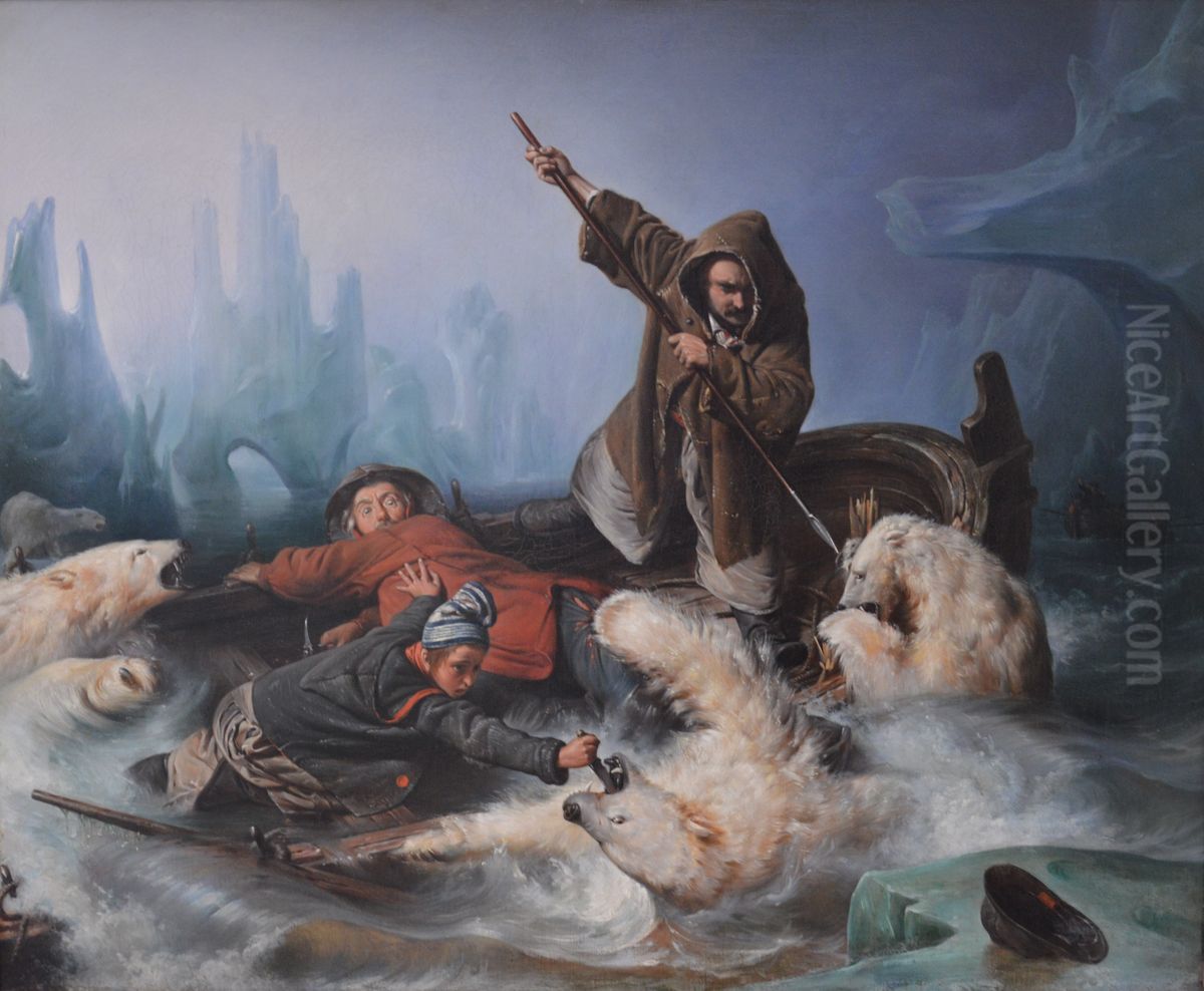 Fight with Polar Bears Oil Painting by Francois-Auguste Biard