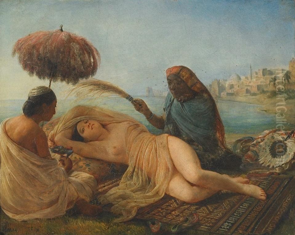 Eine Odalisque erhalt Kuhlung durch ihre Sklaven Oil Painting by Francois-Auguste Biard