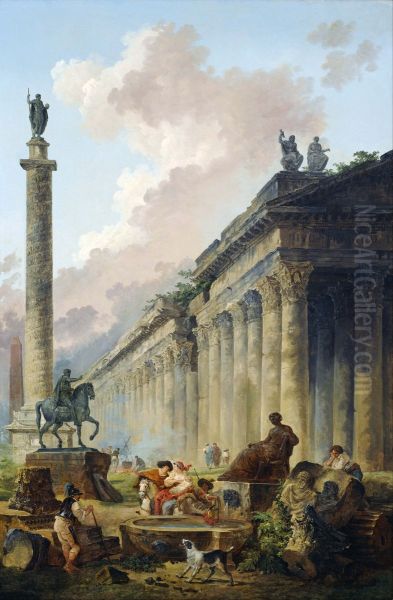Imaginary View of Rome with Equestrian Statue of Marcus Aurelius, the Column of Trajan and a Temple Oil Painting by Hubert Robert