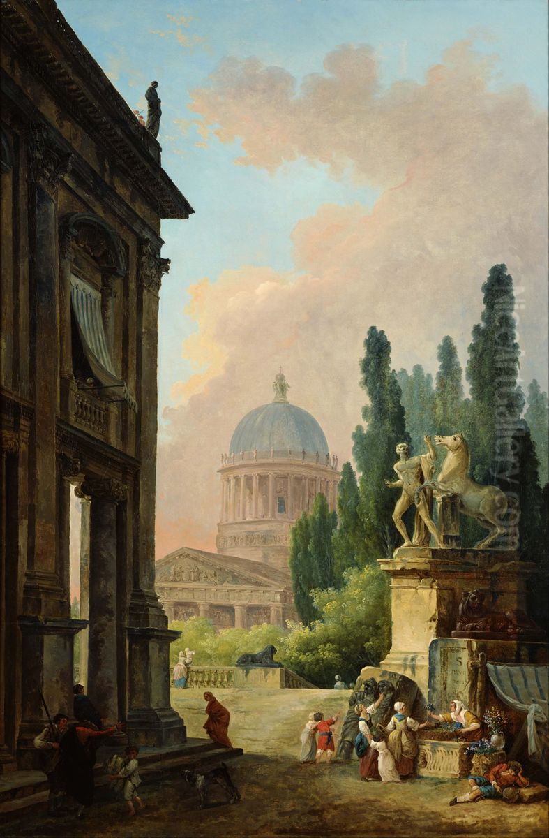 Imaginary View of Rome with the Horse-Tamer of the Monte Cavallo and a Church Oil Painting by Hubert Robert