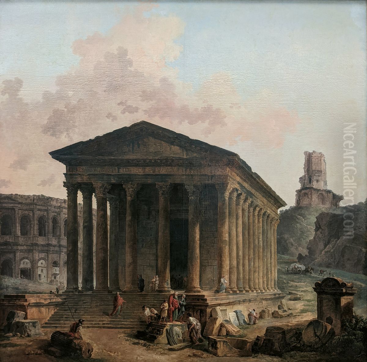 La Maison carree, les arenes et la tour Magne a Nimes Oil Painting by Hubert Robert