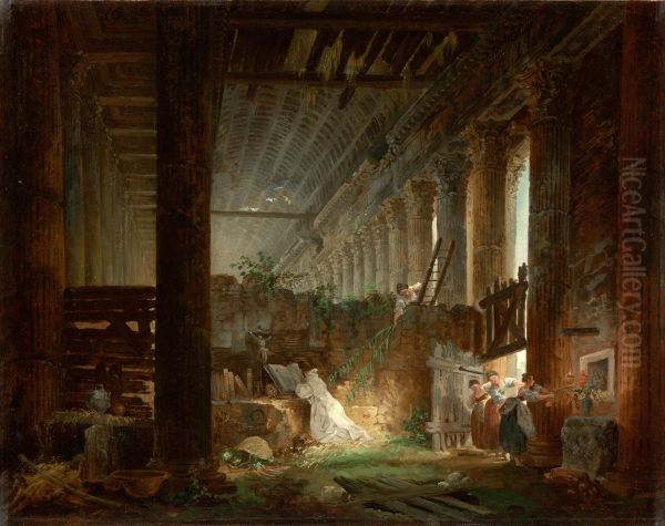 A Hermit Praying in the Ruins of a Roman Temple Oil Painting by Hubert Robert