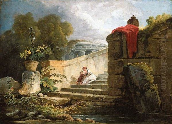 A Scene in the Grounds of the Villa Farnese, Rome Oil Painting by Hubert Robert