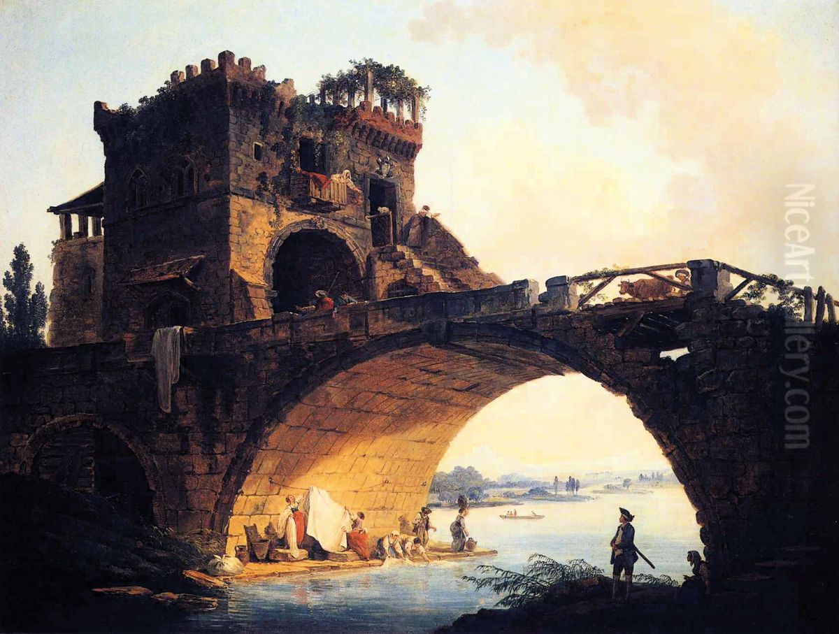 The Old Bridge Oil Painting by Hubert Robert