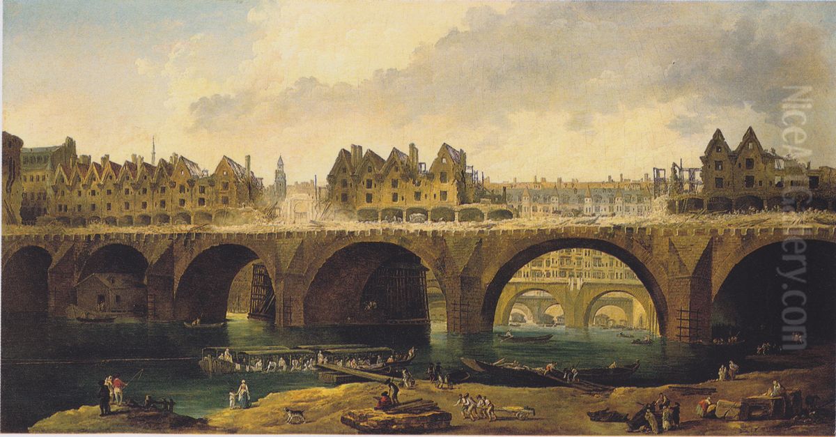 The demolition of houses on the Notre Dame Bridge Oil Painting by Hubert Robert