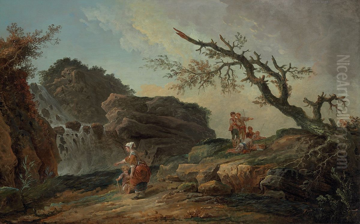 a rocky hillside with a peasant woman and child near a waterfall and boys resting by a blasted tree Oil Painting by Hubert Robert