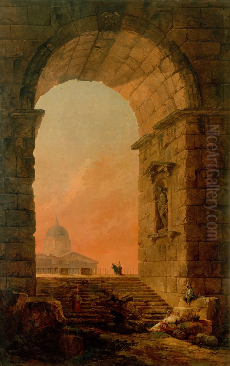 Landscape with an Arch and The Dome of St Peter's in Rome Oil Painting by Hubert Robert