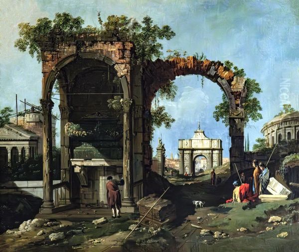 Capriccio with ruins and classical buildings Oil Painting by Canaletto