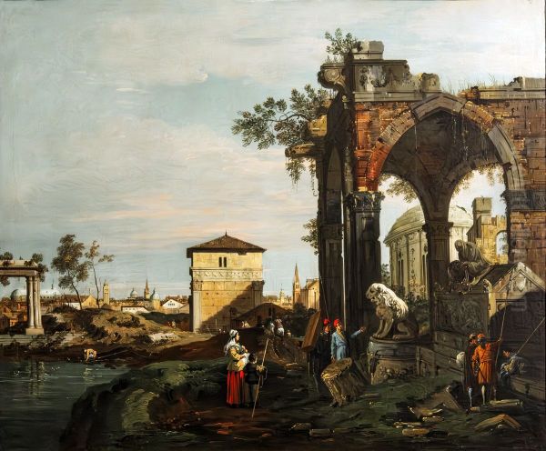 Capriccio con rovine e Porta Portello a Padova Oil Painting by Canaletto