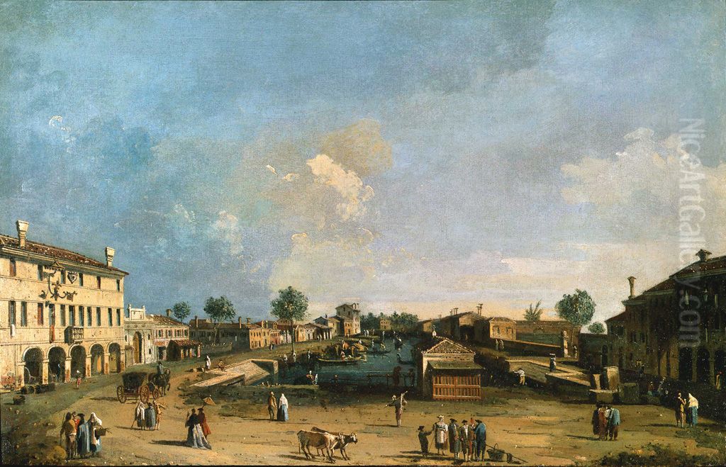 The Riva delle Barche and the Antica Posta, Mestre Oil Painting by Bernardo Bellotto