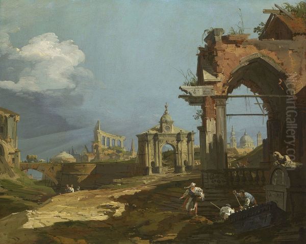 A Capriccio View with a Pointed Arch Oil Painting by Canaletto