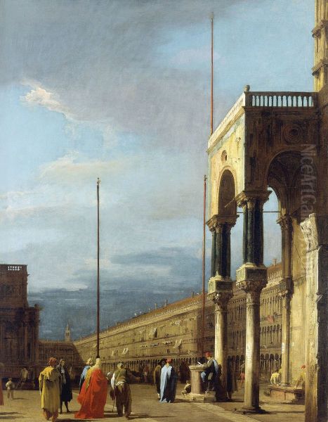 The Piazza looking North-West with the Narthex of San Marco Oil Painting by Canaletto