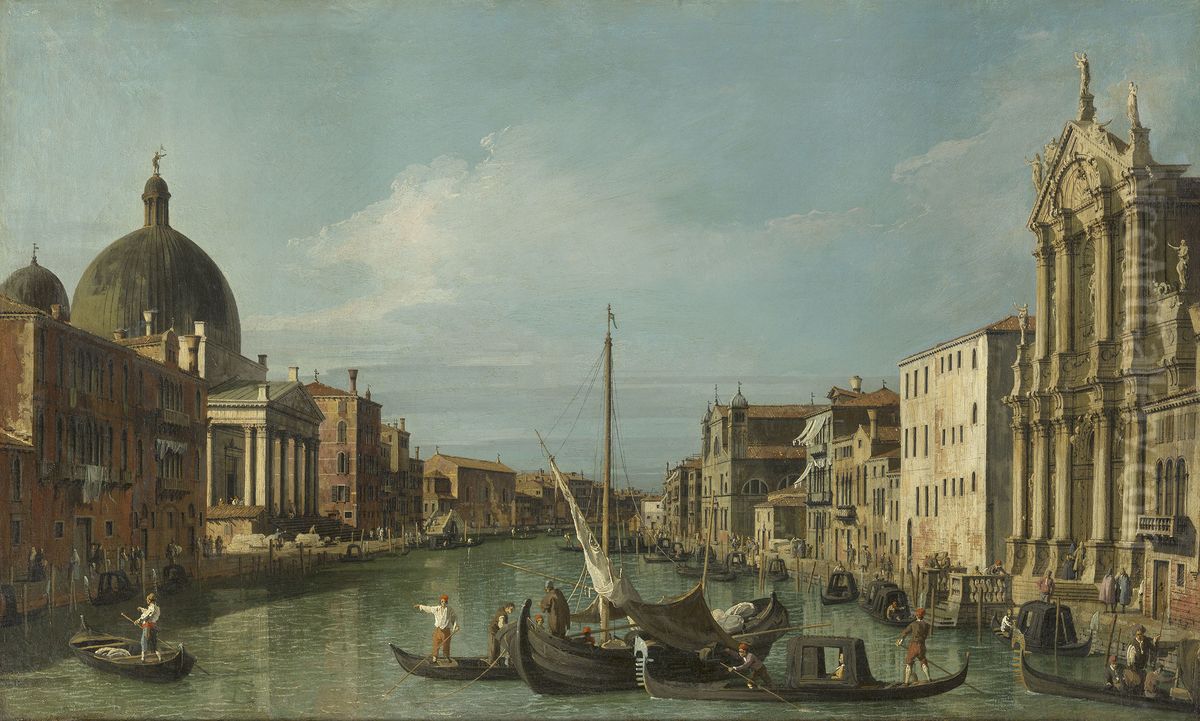 The Grand Canal looking West with the Scalzi and San Simeone Piccolo Oil Painting by Canaletto