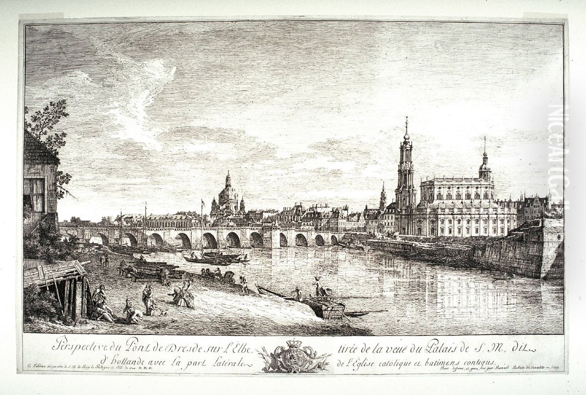 Perpective du Pont de Dresde sur L'Elbe Oil Painting by Bernardo Bellotto