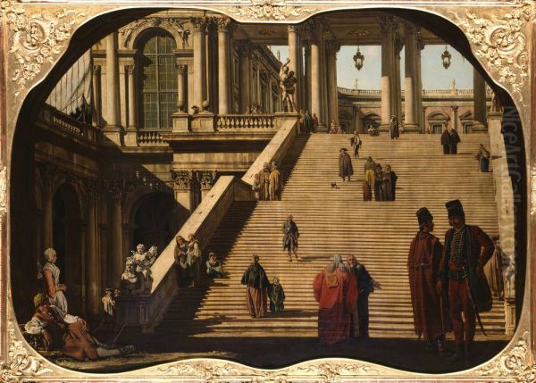 Capriccio mit einer Treppe zum Innenhof eines Palastes Oil Painting by Bernardo Bellotto