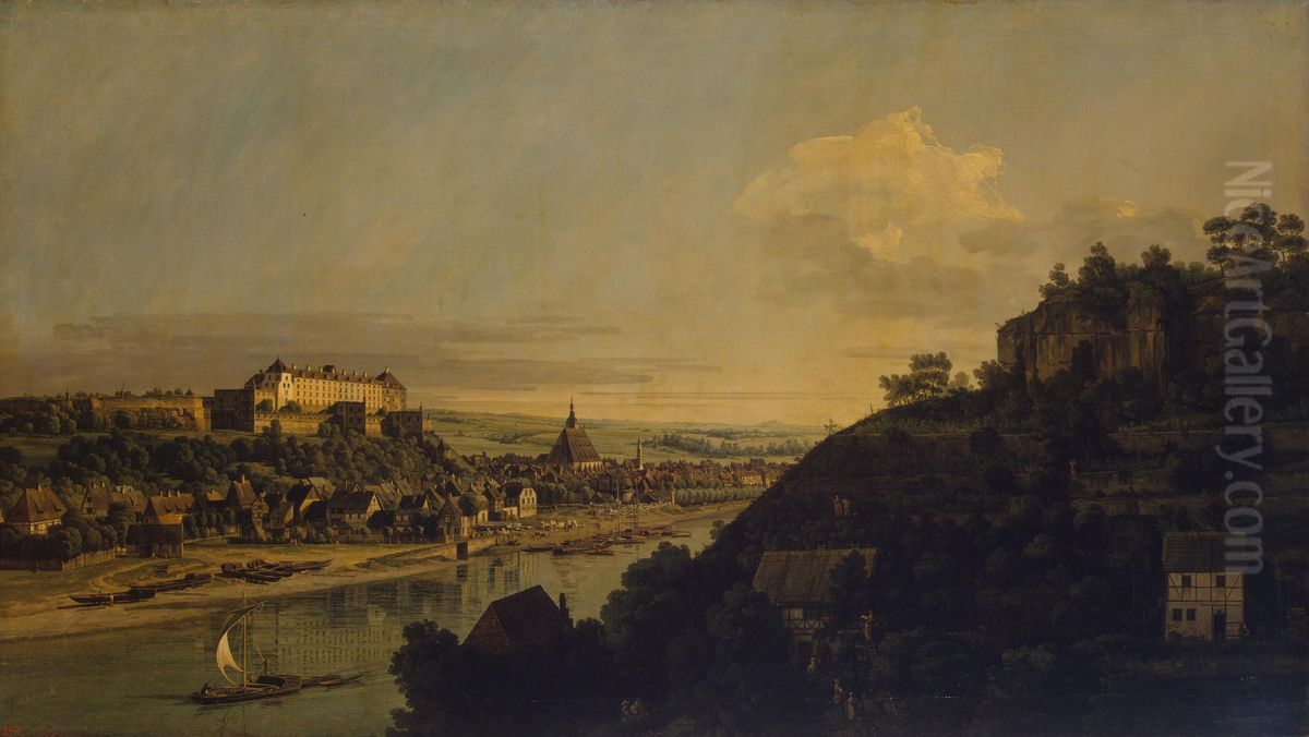 View of Pirna from the Right Bank of the Elbe above the Town Oil Painting by Bernardo Bellotto