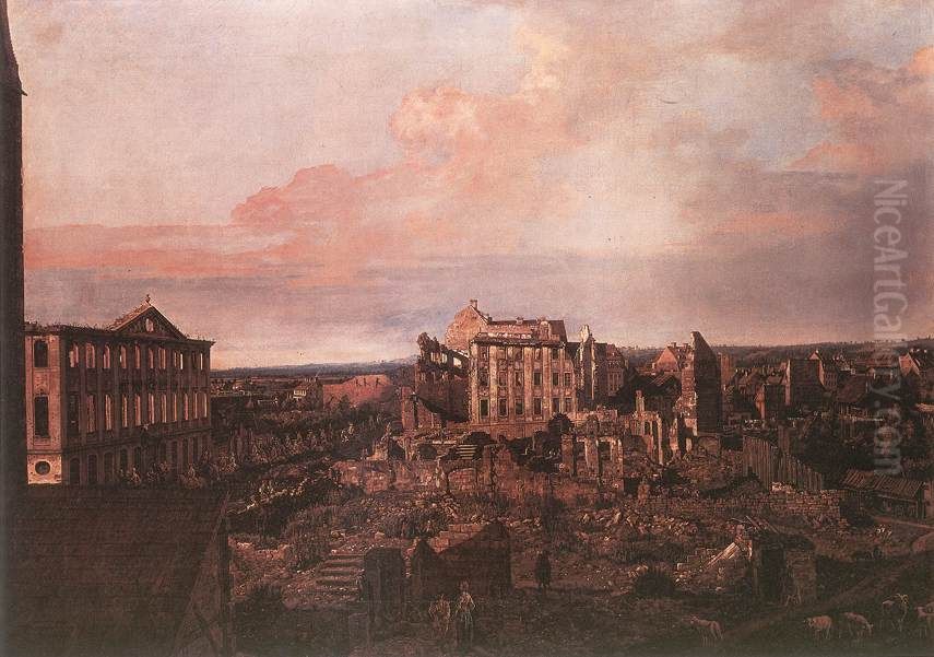 View of Dresden Ruins Oil Painting by Bernardo Bellotto