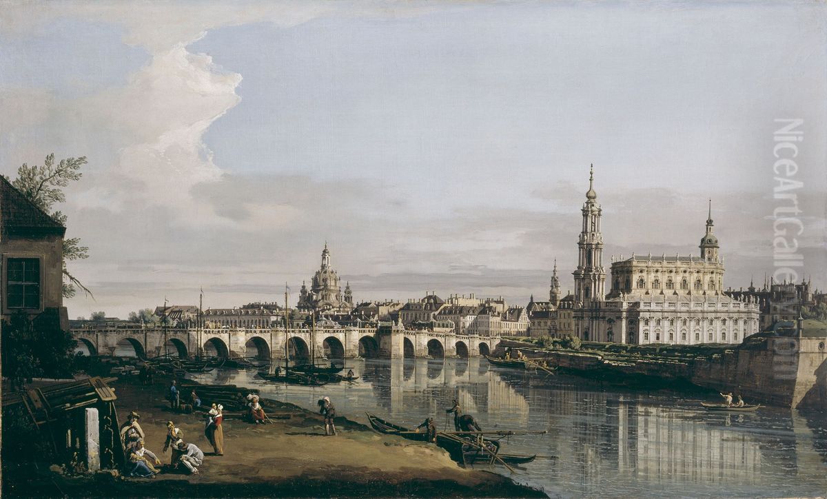 Dresden from the Right Bank of the Elbe, below the Augustus Bridge Oil Painting by Bernardo Bellotto