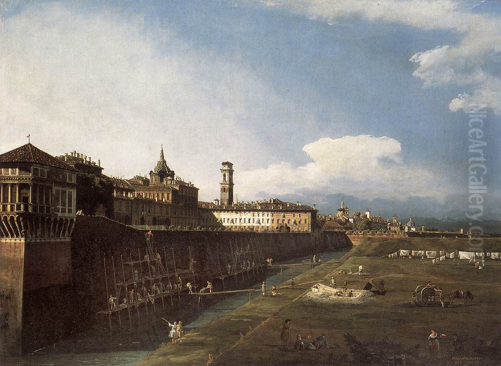 Torino, veduta del Palazzo reale da fuori le mura Oil Painting by Bernardo Bellotto