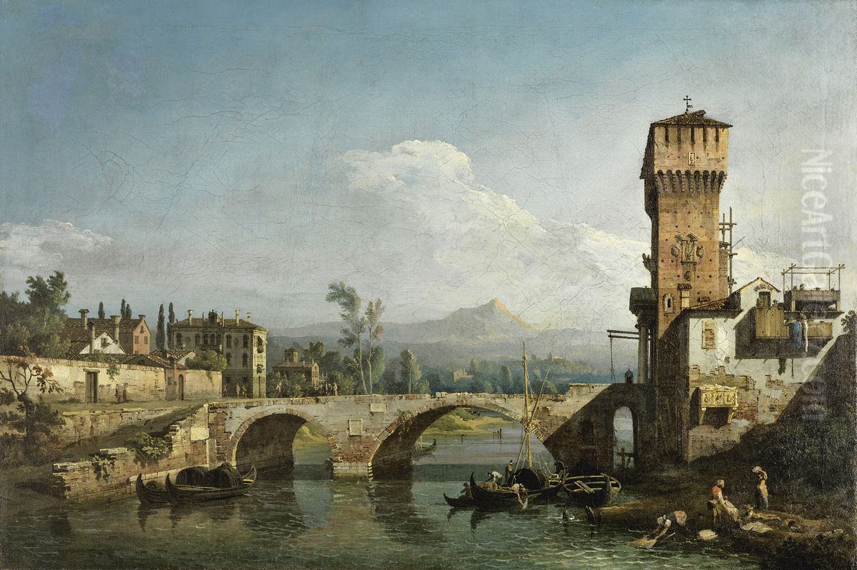 Capriccio Veneto, Fluss, Brucke und mittelalterliches Stadttor Oil Painting by Bernardo Bellotto