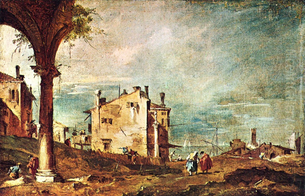 Ruins of an Arch and Farmhouses by a Lagoon Oil Painting by Francesco Guardi