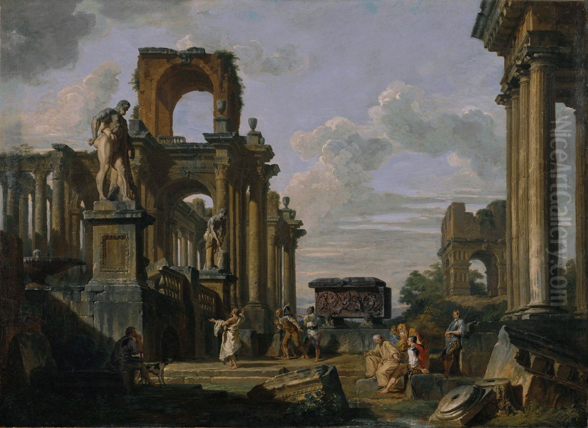 An Architectural Capriccio of the Roman Forum with Philosophers and Soldiers among Ancient Ruins, including the Arch of Janus Quadrifrons, the Sarcophagus of Santa Constanza, the Farnese Hercules and the Cincinnatus Oil Painting by Giovanni Paolo Panini