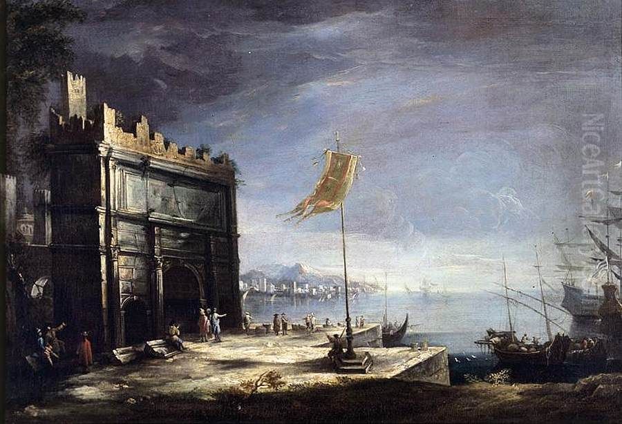 Capriccio of a Port Scene with a Classical Arch Oil Painting by Antonio Stom